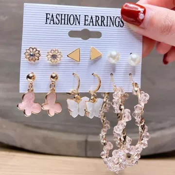 Gorgeous White Pink Butterfly Hoop Earrings Set (6 pairs)